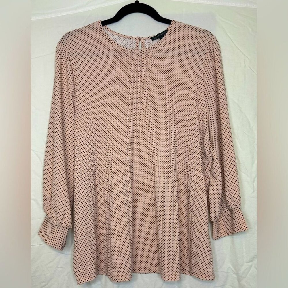 Adrianna Papell Pink and Black Polka Dot Pleated Blouse Size XL